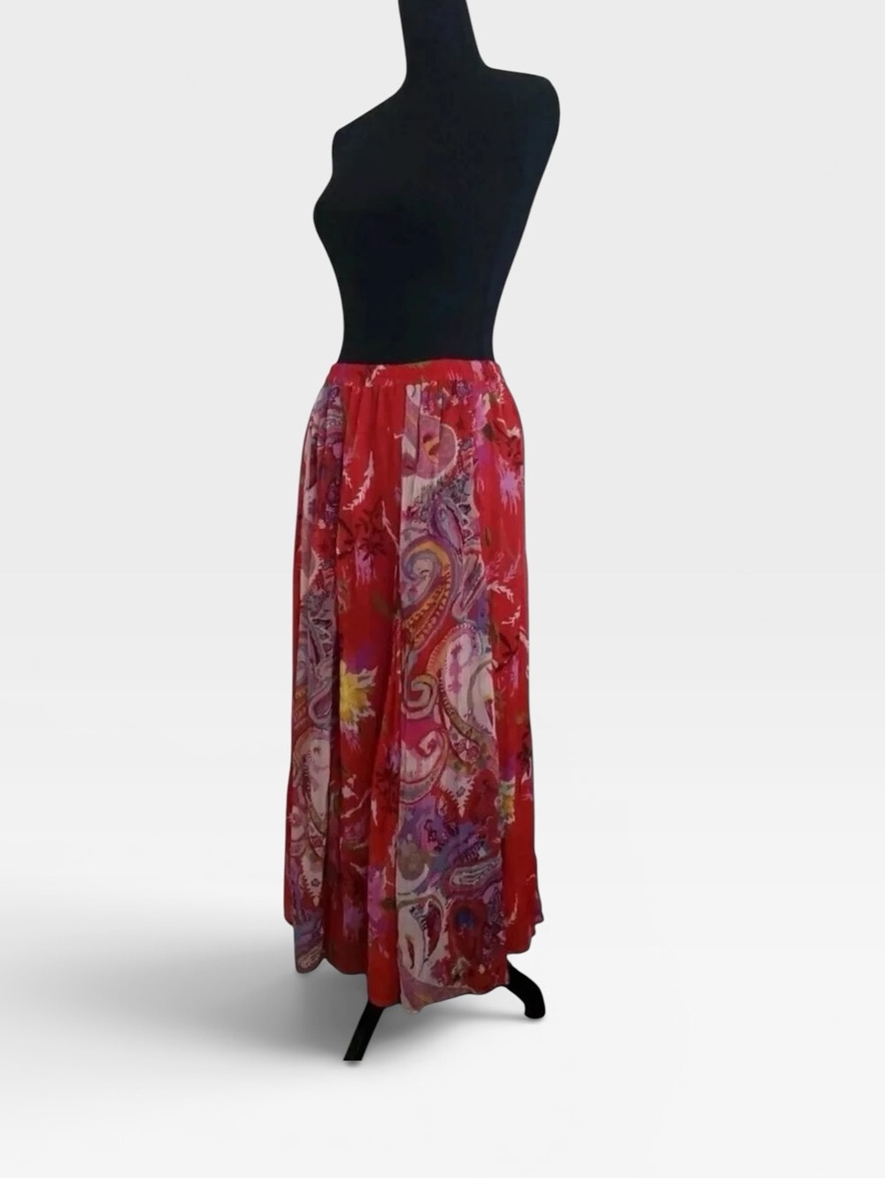 TravelSmith Red Paisley Maxi Skirt with Pink and Purple Accents